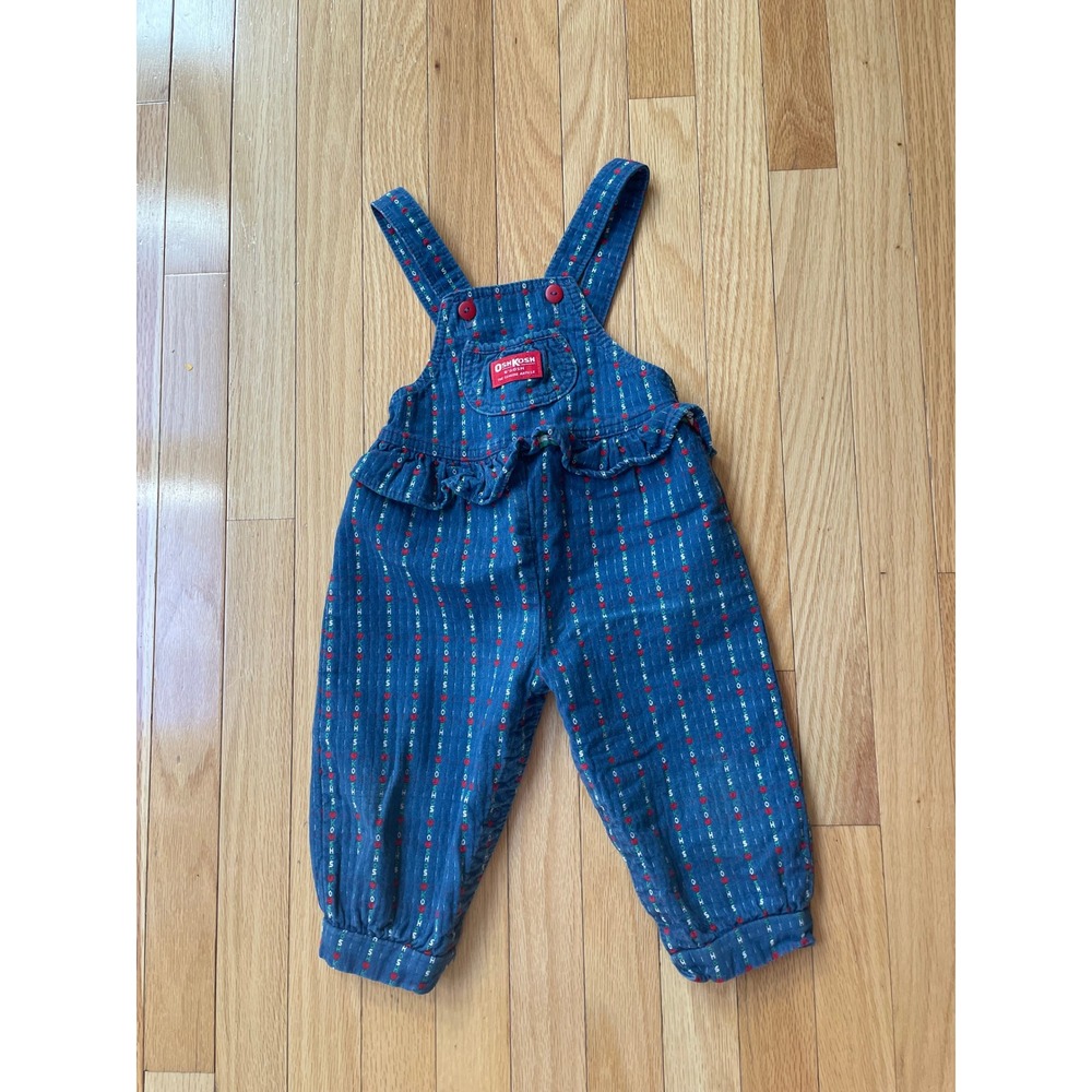 Vintage OshKosh Bgosh Blue Heart Stripe Ruffle Overalls 24M Made in USA